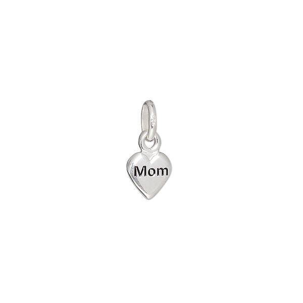 Charm, sterling silver and enamel, 7mm heart with "Mom." Sold individually. image number 0