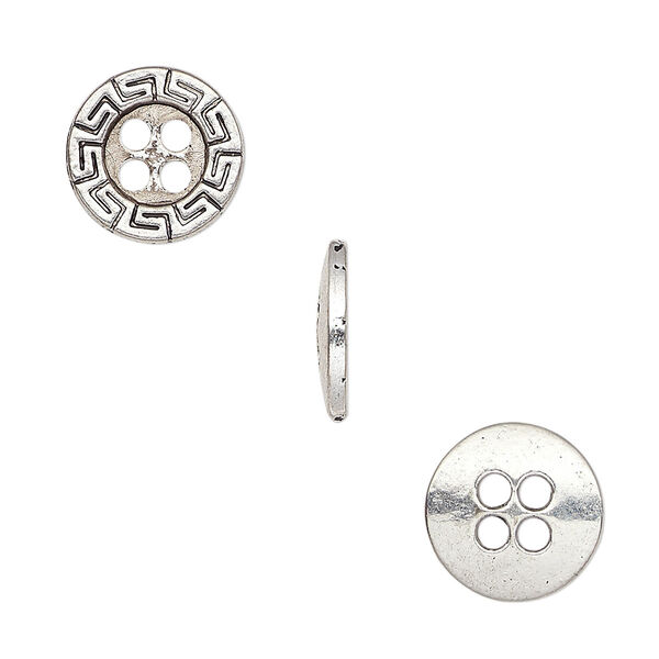 Button, antiqued silver-finished "pewter" (zinc-based alloy), 12mm single-sided flat round with Greek key design. Sold per pkg of 50. image number 0