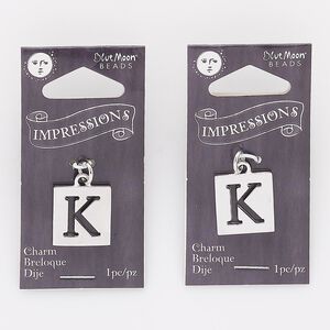 Drop, silver-finished "pewter" (zinc-based alloy) and steel, 16x15mm square with cutout alphabet letter "K." Sold per pkg of 2.