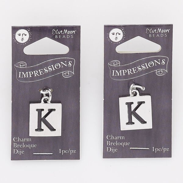 Drop, silver-finished "pewter" (zinc-based alloy) and steel, 16x15mm square with cutout alphabet letter "K." Sold per pkg of 2. image number 0