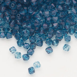 Bead, glass 1pkg1, translucent dark teal blue, 4mm bicone, 4 ounces.