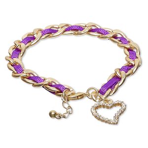 Bracelet, nylon / Czech glass rhinestone / gold-finished steel / "pewter" (zinc-based alloy), purple and clear, 8mm wide with 18x16mm open heart, 6-1/2 inches with 1-inch extender chain and lobster claw clasp. Sold individually.