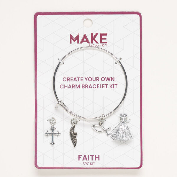 Bracelet and charm assortment, antique silver-finished brass and nylon, silver, Faith theme, 7-1/2 inches. Sold per 5-piece set. image number 0