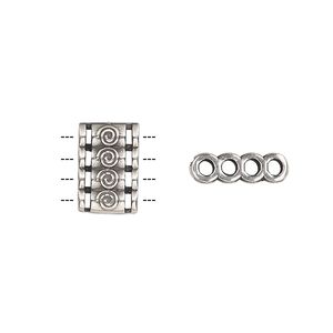 Spacer, antique silver-plated brass, 12.5x8.5mm double-sided 4-strand quadruple round tube with raised swirl design, fits up to 2mm bead. Sold individually.