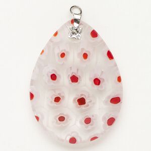 Focal 1pkg1 silver-finished steel and millefiori glass, translucent and transparent clear / white / red, 39x30mm-40x30mm puffed teardrop.