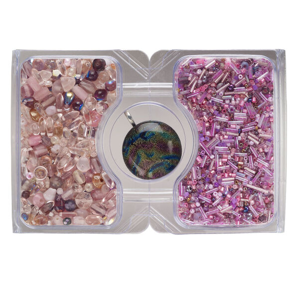 Pendant and bead mix, glass, opaque to transparent multi-pink and multi-red, 30-32mm round and 15/0 to 10mm mixed shapes. Sold per 100-gram pkg, approximately 1,500 beads. image number 0