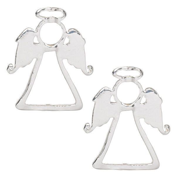 Bead frame, silver-finished "pewter" (zinc-based alloy), 28x23.5mm angel with halo, fits up to 1mm / 6mm / 9mm beads. Sold per pkg of 2. image number 0