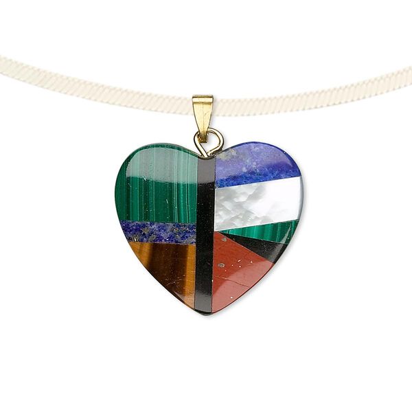 Pendant, multi-gemstone (natural / dyed / imitation) / mother-of-pearl shell (bleached) / gold-finished steel, multicolored, 20x20mm heart. Sold individually. image number 0