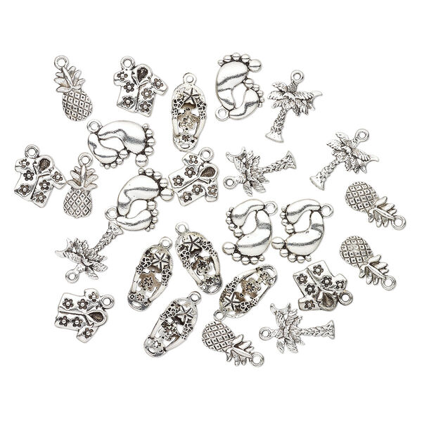 Charm, antique silver-plated "pewter" (zinc-based alloy), 16x9mm-20x10mm single- and double-sided assorted tropical theme. Sold per pkg of 25. image number 0