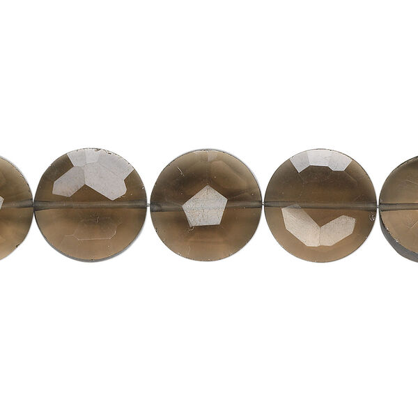 Bead, smoky quartz (heated / irradiated), 12mm hand-cut faceted flat round, B+ grade, Mohs hardness 7. Sold per pkg of 5. image number 0