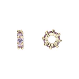 Bead, cubic zirconia and gold-plated brass, amethyst, 10.5x3.5mm rondelle. Sold per pkg of 2.