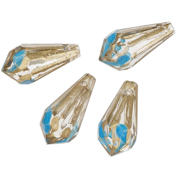 Bead, painted glass, clear/ turquoise blue / metallic gold, 20x9.5mm top-drilled faceted teardrop. Sold per pkg of 4. image number 0