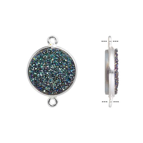 Link, titanium- / electro-coated druzy agate (coated) / sterling silver, green, 15mm hand-cut single-sided flat round. Sold individually. image number 0