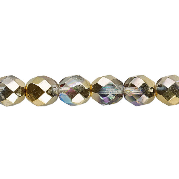 Bead, Czech fire-polished glass, two-tone clear AB and metallic amber gold, 8mm faceted round. Sold per 15-1/2" to 16" strand. image number 0