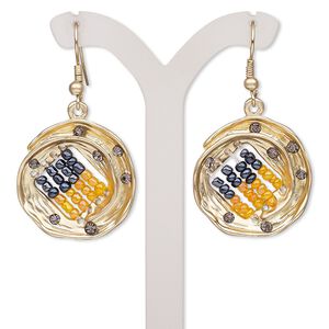 Earring, glass rhinestone / glass / gold-finished brass / "pewter" (zinc-based alloy), orange AB and black, 45mm with round with fishhook ear wire. Sold per pair.