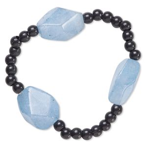 Bracelet, Everyday Jewelry™, stretch, quartz (dyed) and acrylic, black and blue, 5mm round and medium to large tumbled nugget, 6-1/2 inches. Sold individually.