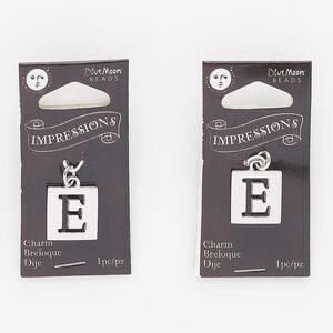 Drop, steel and silver-finished "pewter" (zinc-based alloy), 16x15mm square with cutout alphabet letter "E." Sold per pkg of 2.