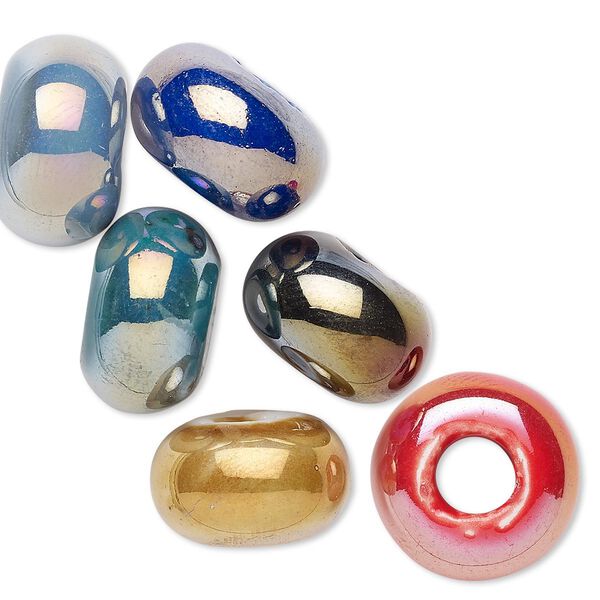 Bead, glazed porcelain, jewel tones with luster AB finish, 15x9mm rondelle. Sold per pkg of 6. image number 0