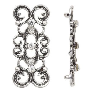 Spacer, antique silver-plated "pewter" (zinc-based alloy) and Czech glass rhinestone, clear, 39x16mm 2-strand fancy rectangle. Sold per pkg of 4.