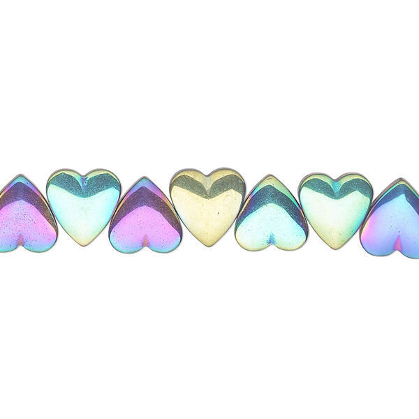 Bead, electroplated Hemalyke™ (manmade), rainbow, 8mm side-drilled heart. Sold per 16-inch strand. image number 0