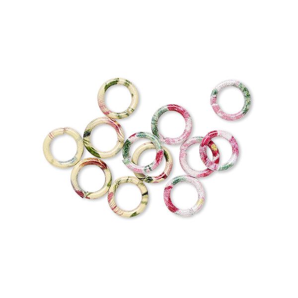 Jump ring , painted steel, multicolored, 6mm round with flower pattern, 4.2mm inside diameter, 18 gauge. Sold per pkg of 12. image number 0