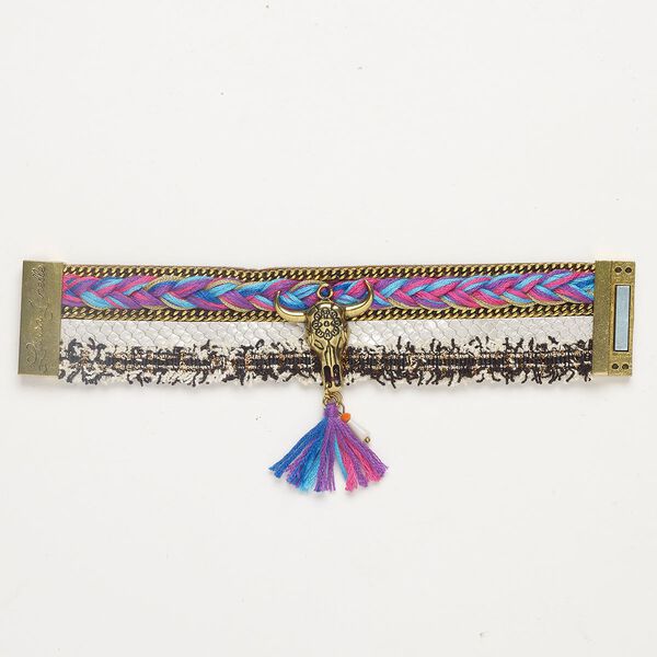 Bracelet 1pkg1 leather / nylon / antique gold-finished brass and stainless steel, multicolored, 38mm width with cow skull, 6 inches with magnetic clasp. image number 0