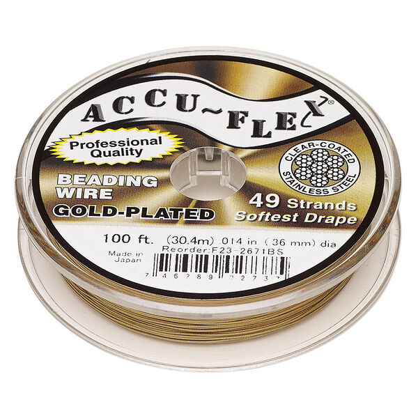 Beading wire, Accu-Flex®, nylon and 24Kt gold-plated stainless steel, clear, 49 strand, 0.014-inch diameter. Sold per 100-foot spool. image number 0