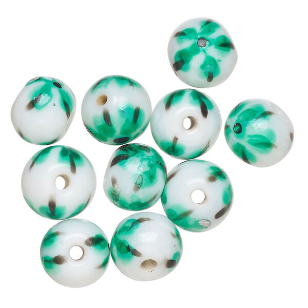 Bead, lampworked glass, opaque white / black / teal green, 9-11mm round. Sold per pkg of 10. image number 0