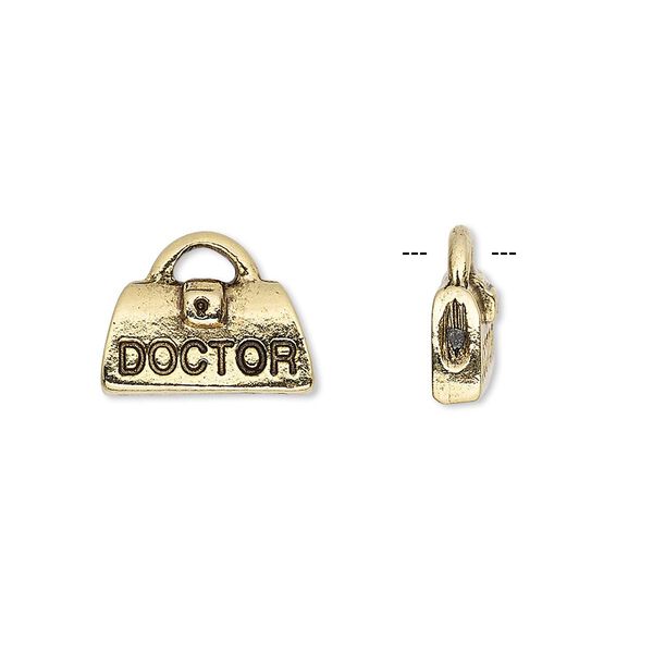 Charm, antique gold-plated pewter (tin-based alloy), 14.5x11mm doctor bag with "DOCTOR." Sold per pkg of 2. image number 0