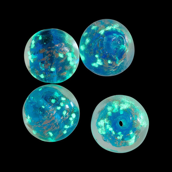 Bead, lampworked glass, clear / blue / glow-in-the-dark / gold, 14mm round. Sold per pkg of 4. image number 1