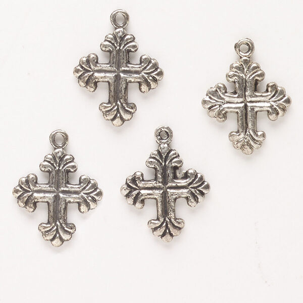 Drop, antique silver-finished "pewter" (zinc-based alloy), 17x16mm double-sided cross. Sold per pkg of 4. image number 0