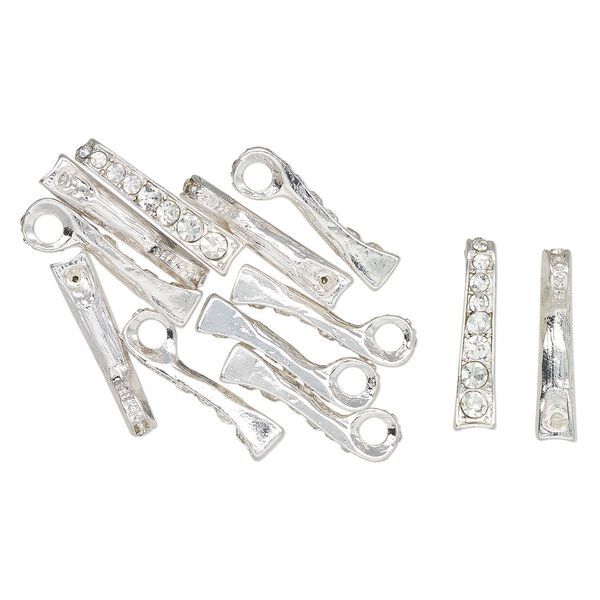 Pendant, silver-finished "pewter" (zinc-based alloy) and glass, clear, 24x5mm curved curve rectangle. Sold per pkg of 12. image number 0