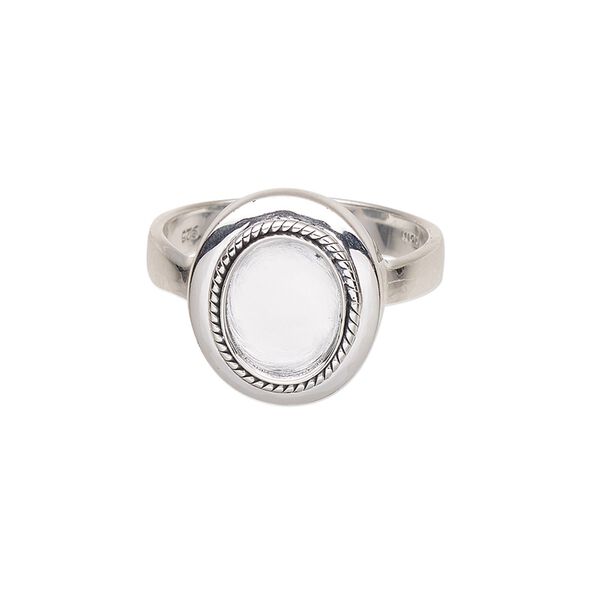 Ring, antiqued sterling silver, 3-4mm wide with twisted wire rim and 10x8mm oval glue-in setting, size 9. Sold individually. image number 0