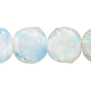 Bead, lampworked glass, translucent blue / white / clear, 17x16mm puffed flat round. Sold per 8-inch strand, approximately 10 beads.