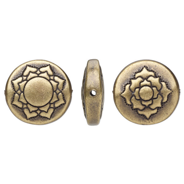 Bead, TierraCast®, "Soulful Spirit" collection, antique brass-plated pewter (tin-based alloy), 14mm two-sided flat round with lotus design. Sold per pkg of 2. image number 0