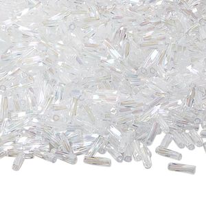 Bead, Miyuki, bugle bead, glass, pkg/250 g, 6x2mm center-drilled twisted, rainbow translucent crystal clear, (TW-250).