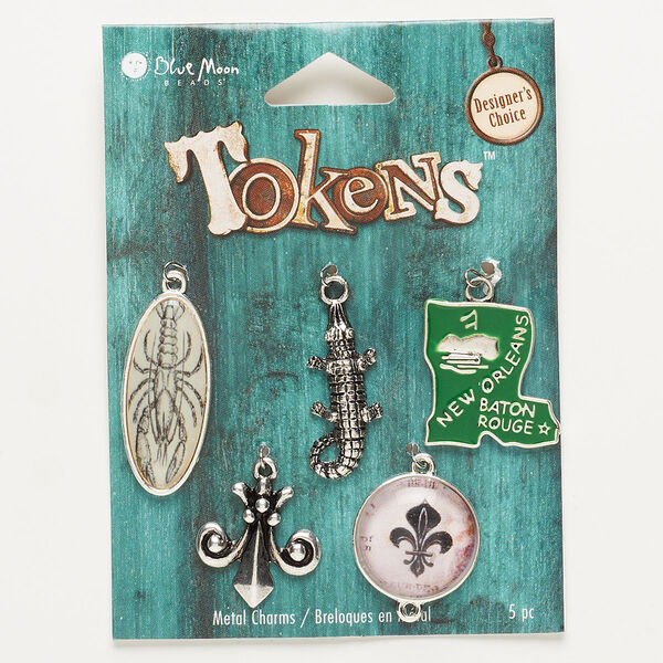 Focal / link / charm mix, enamel / resin / antique silver-finished "pewter" (zinc-based alloy), 20mm-32x14mm assorted Louisiana designs. Sold per pkg of 5. image number 0