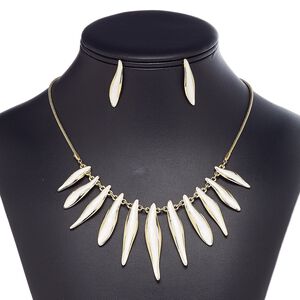 Necklace and earring set, enamel / gold-finished steel / brass / "pewter" (zinc-based alloy), white, 26x7mm-52x10mm graduated freeform stick, 18-inch necklace with 2-inch extender chain and lobster claw clasp, 31mm earrings with post. Sold per set.