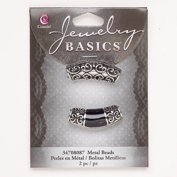 Bead "pewter" zinc-based alloy enamel 2pk 33x15mm curved tube with cutout scroll design, antique silver finish black image number 0