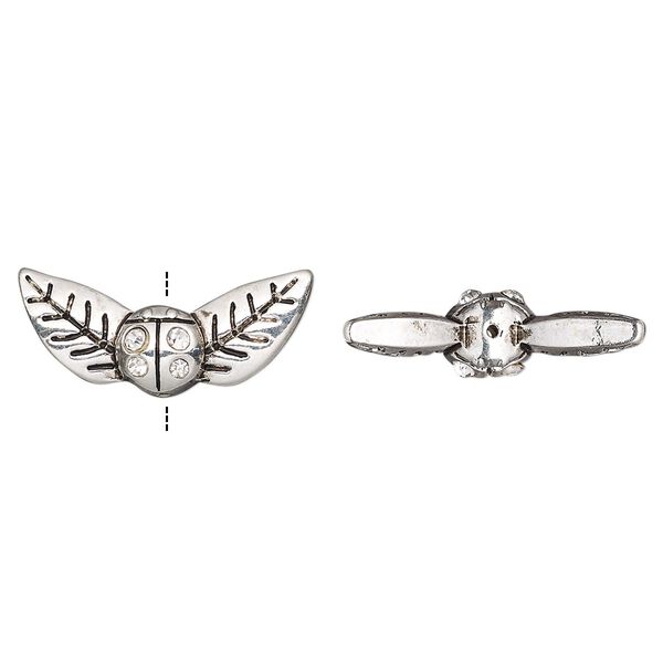 Bead, glass rhinestone and antique silver-finished "pewter" (zinc-based alloy), clear, 23x10mm leaves with ladybug. Sold per pkg of 4. image number 0