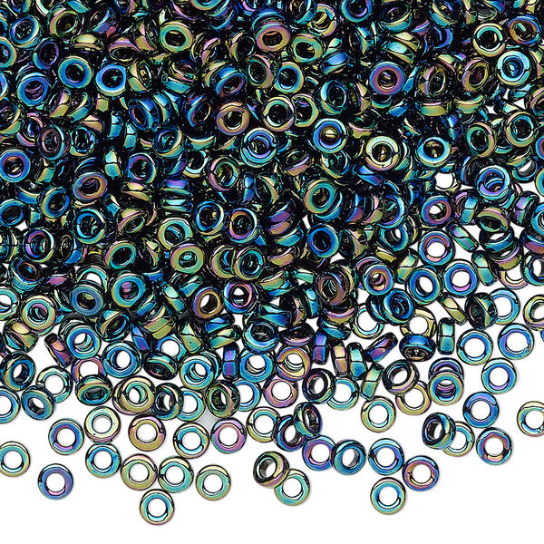 Seed bead, Miyuki, glass, pkg/50g, 3x1.3mm spacer rondelle, opaque metallic iris variegated blue, (SPR3-455). image number 0