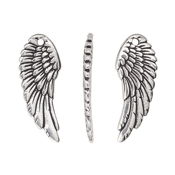 Charm, TierraCast®, antique silver-plated pewter (tin-based alloy), 27.5x11mm two-sided curved wing. Sold per pkg of 20. image number 0