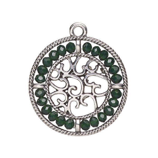 Drop, glass and antique silver-finished "pewter" (zinc-based alloy), emerald green, 28mm round with hearts and beaded border. Sold per pkg of 2. image number 0