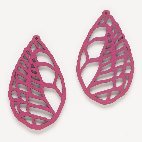 Focal 1pkg2, wood, fuchsia, 54x33mm top-drilled teardrop with cutout design. image number 0