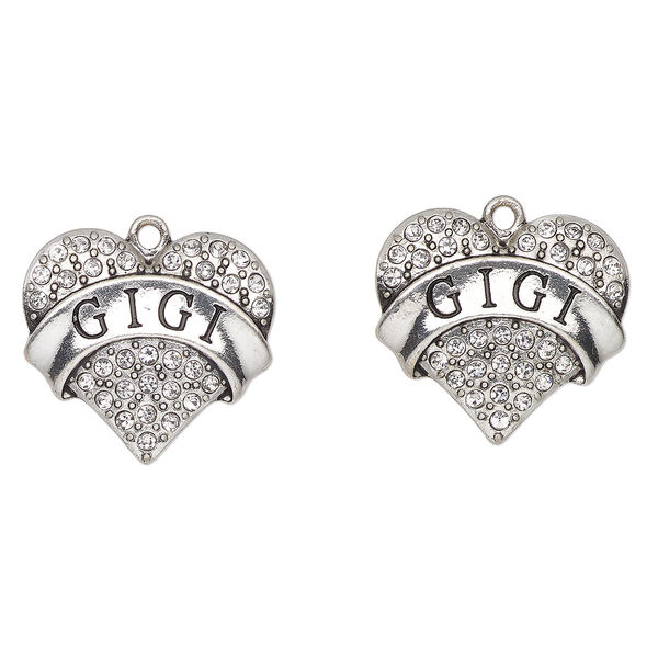 Charm, antique silver-finished enamel "pewter" (zinc-based alloy) and glass, clear and black, 24x23mm heart with "Gigi". Sold per pkg of 2. image number 0