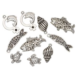 Bead and charm, antique silver-plated "pewter" (zinc-based alloy), 18x16mm-34x20mm assorted sea creature. Sold per pkg of 10.