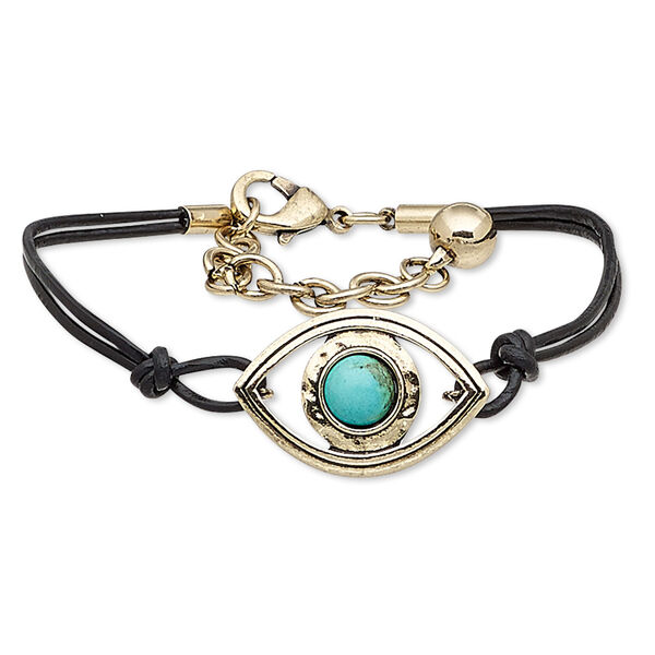 Bracelet, 2-strand, magnesite (dyed / stabilized) / leather (dyed) / antique gold-finished steel / "pewter" (zinc-based alloy), black and turquoise blue, 30x20mm marquise, 7 inches with 2-inch extender chain and lobster claw clasp. Sold individually. image number 0