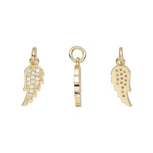 Charm, cubic zirconia and gold-finished brass, clear, 13x6mm single-sided wing with 5mm jump ring. Sold per pkg of 2.