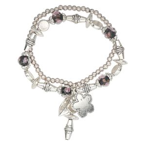 Bracelet, stretch, glass and antique silver-plated "pewter" (zinc-based alloy), clear / purple / black, assorted shape, 7 inches. Sold individually.