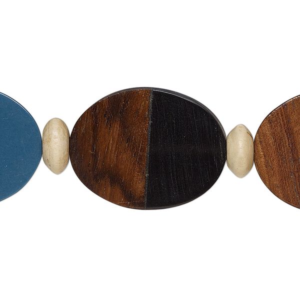 Bead, yellow boxwood and resin (assembled), light blue / dark blue / black, 23x18mm oval. Sold per 6-inch strand, approximately 6 beads. image number 0